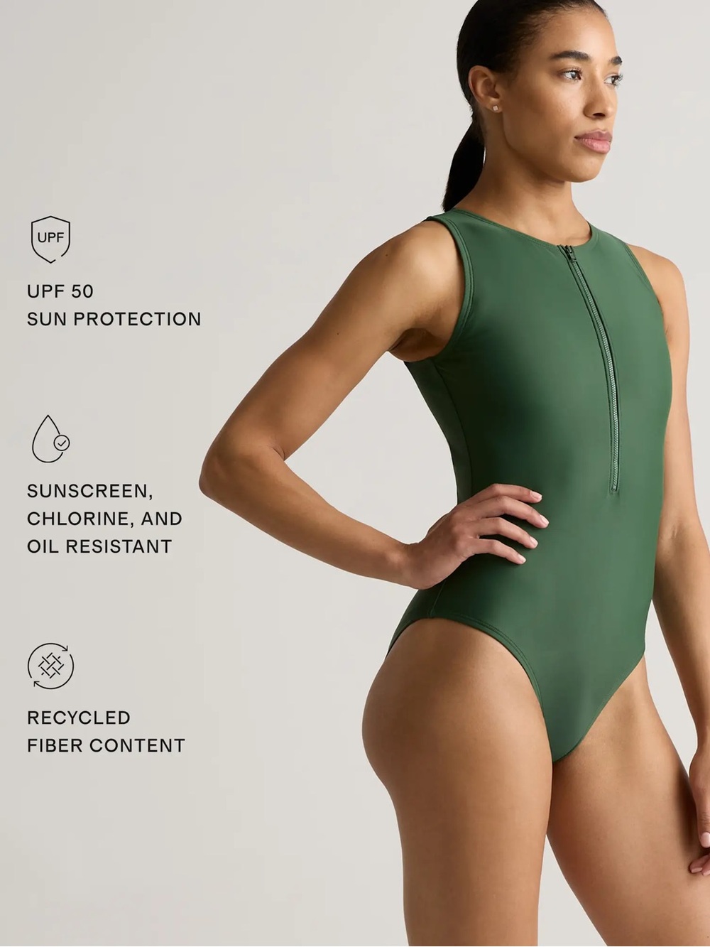 Quince Italian Zip-Front One-Piece Swimsuit in Forest Green - Picture 4 of 4